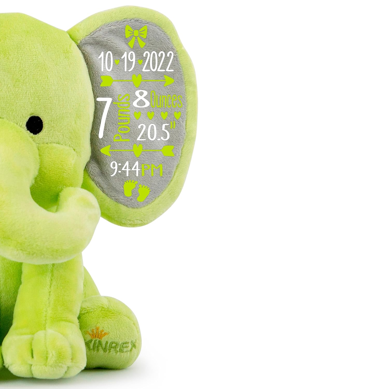 Personalized Elephant Stuffed Animal - Custom Birth Stats Announcement - Green