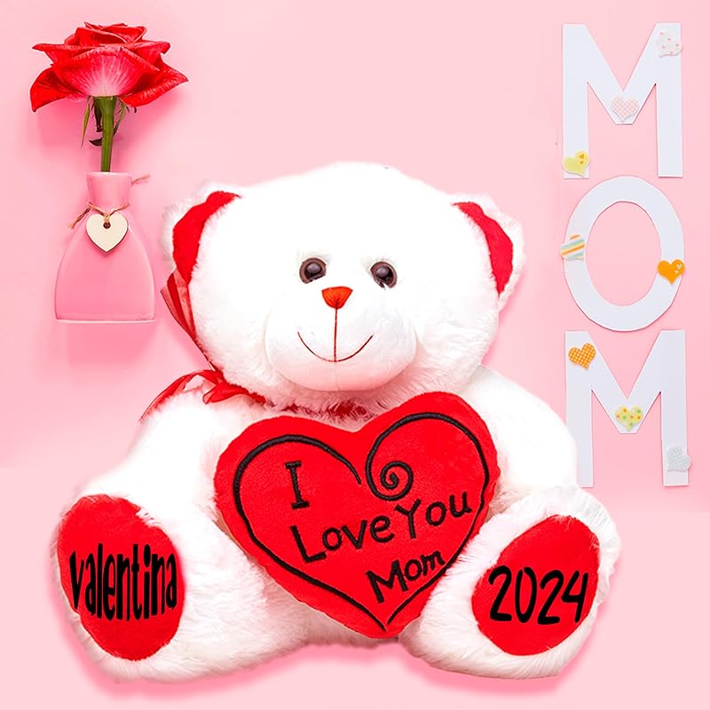 Personalized Mother's Day Teddy Bear for Mom - Customized Plush Bear with Heart Pillow "I LOVE YOU MOM"