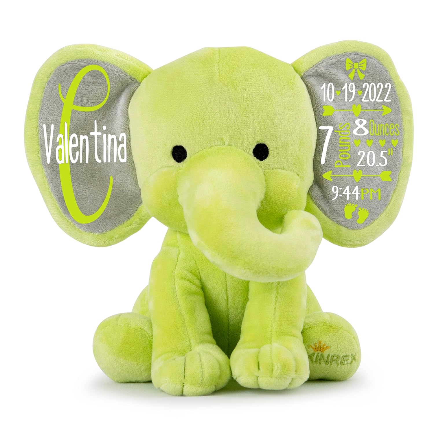 Personalized Elephant Stuffed Animal - Custom Birth Stats Announcement - Green