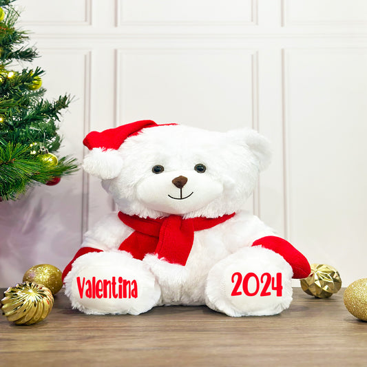 Personalized Christmas Stuffed Animal - Custom White Santa Teddy Bear Plush Toy