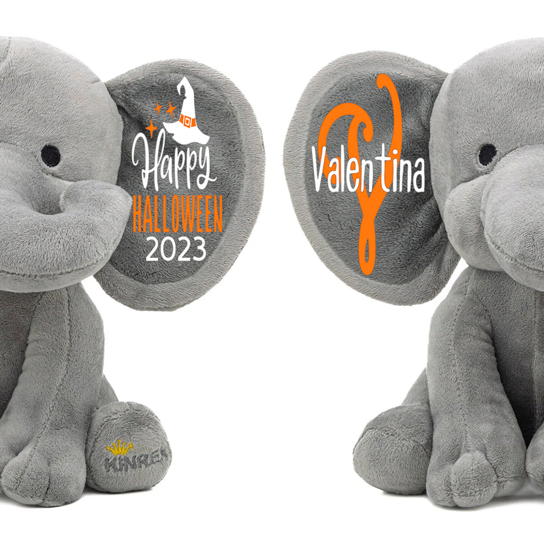 Personalized Elephant Stuffed Animal - Happy Halloween 2024 Day Elephant, Gray 9 Inches