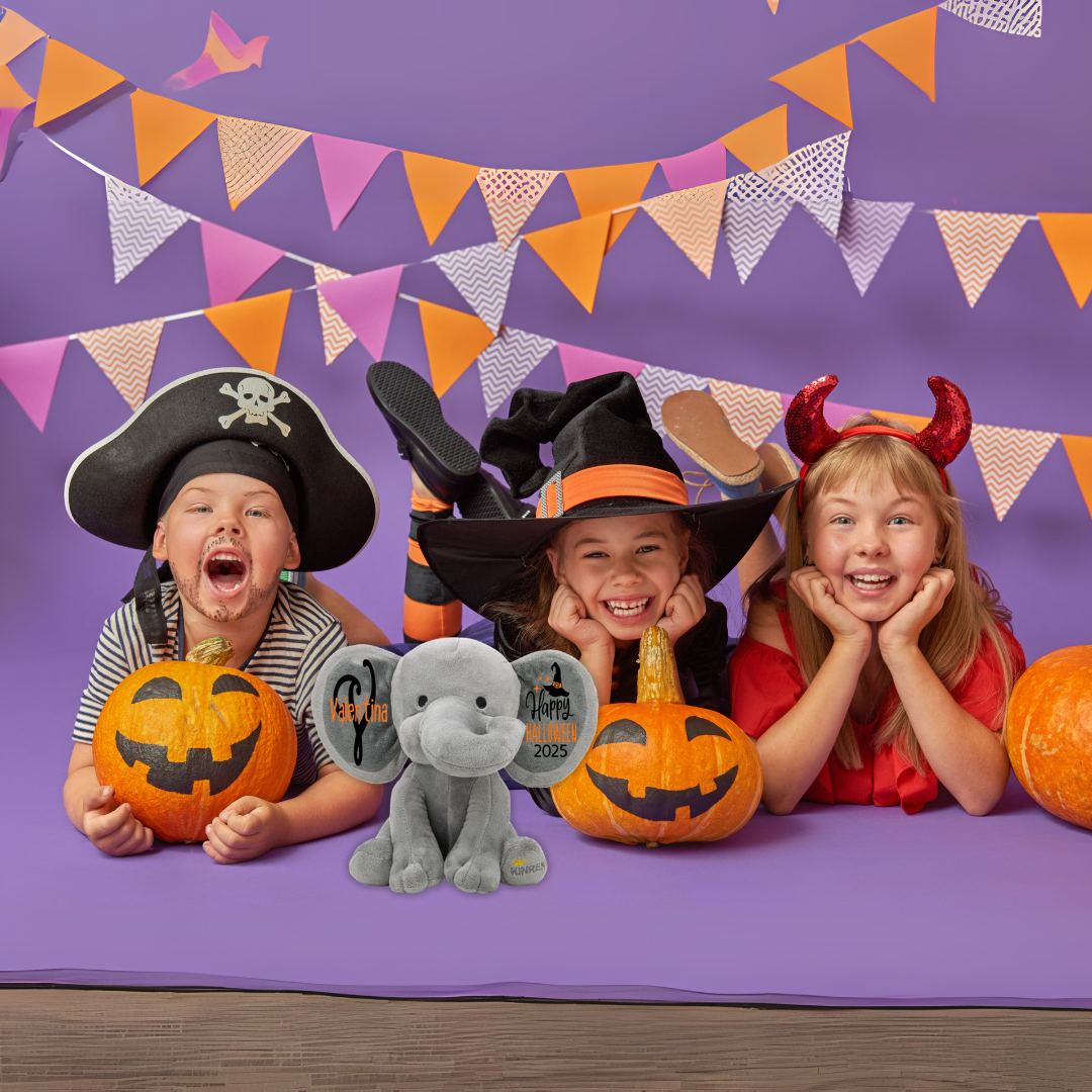 Personalized Elephant Stuffed Animal - Happy Halloween 2025 Day Elephant, Gray 9 Inches
