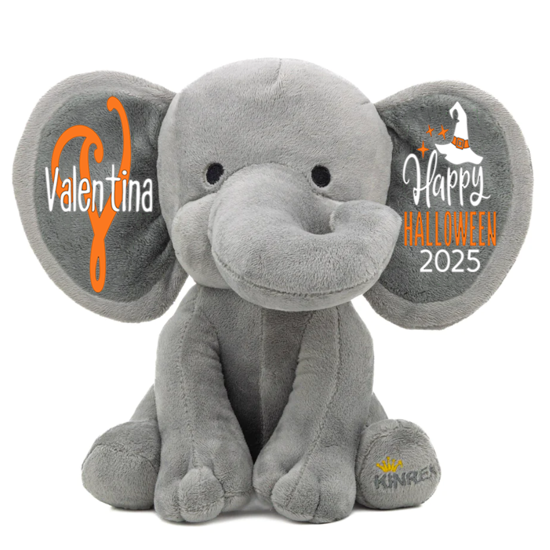 Personalized Elephant Stuffed Animal - Happy Halloween 2025 Day Elephant, Gray 9 Inches